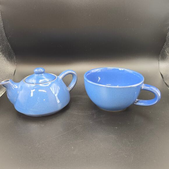 London Pottery Blue “Tea for One” Teapot & Cup Set Stoneware 6" England - Picture 4 of 11